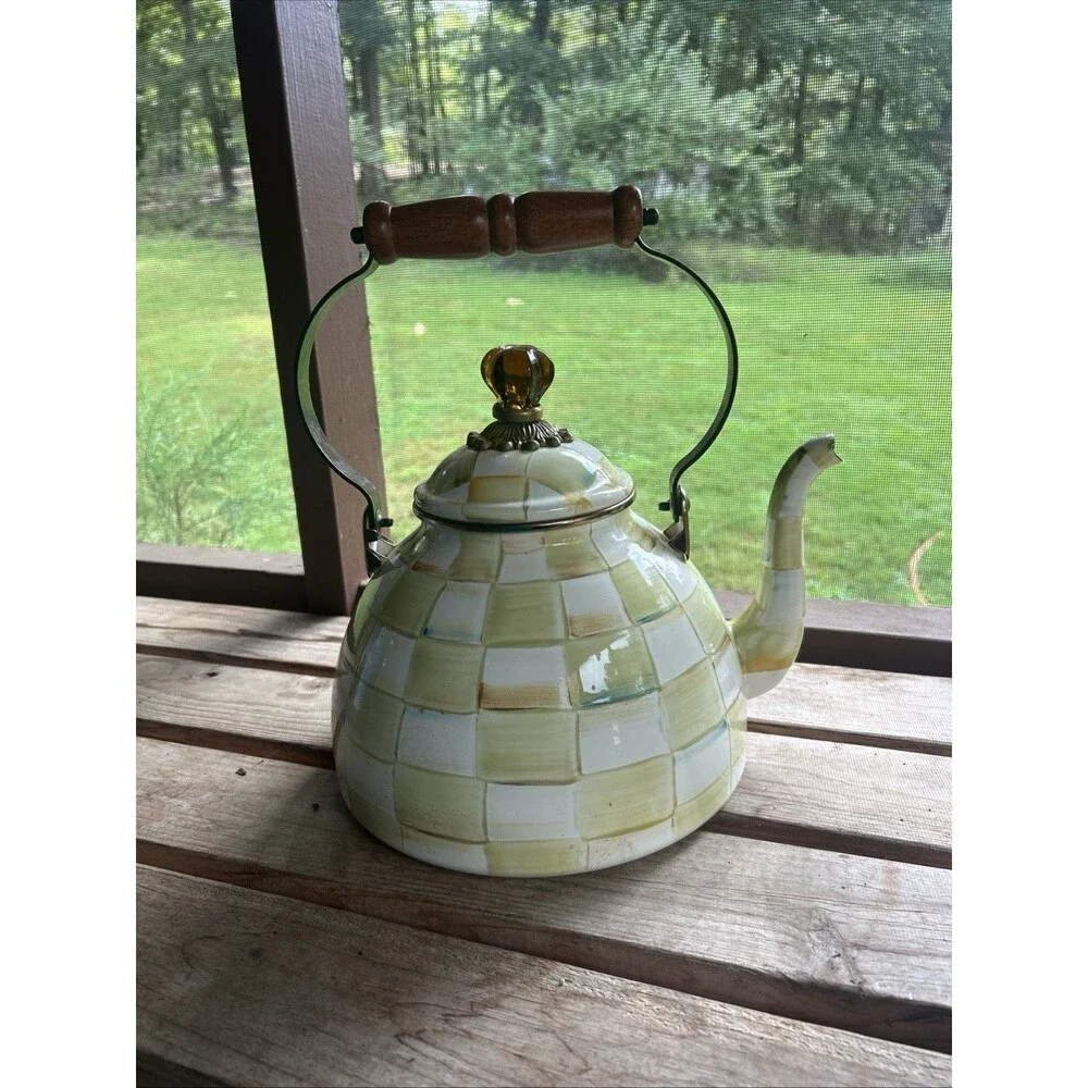 Parchment Check Enamel Tea Kettle Retired  3 QT M Childs